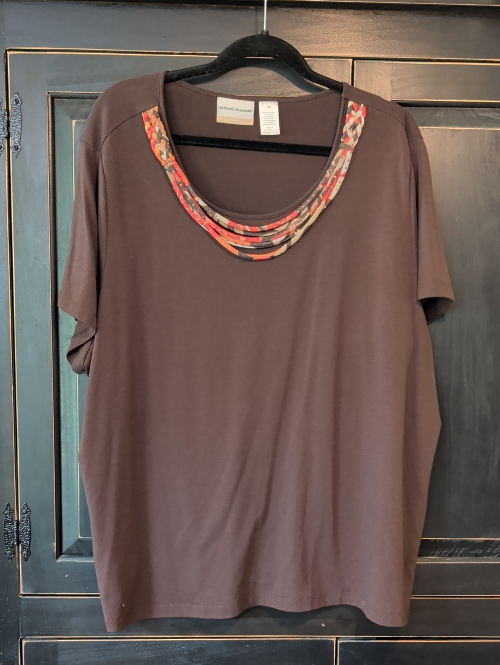 Alfred Dunner Chocolate Brown Short Sleeve Top with Braided Multicolor Neckline